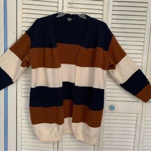 Calstyle Large Stripes Open Front Cardigan With Large Front Pockets